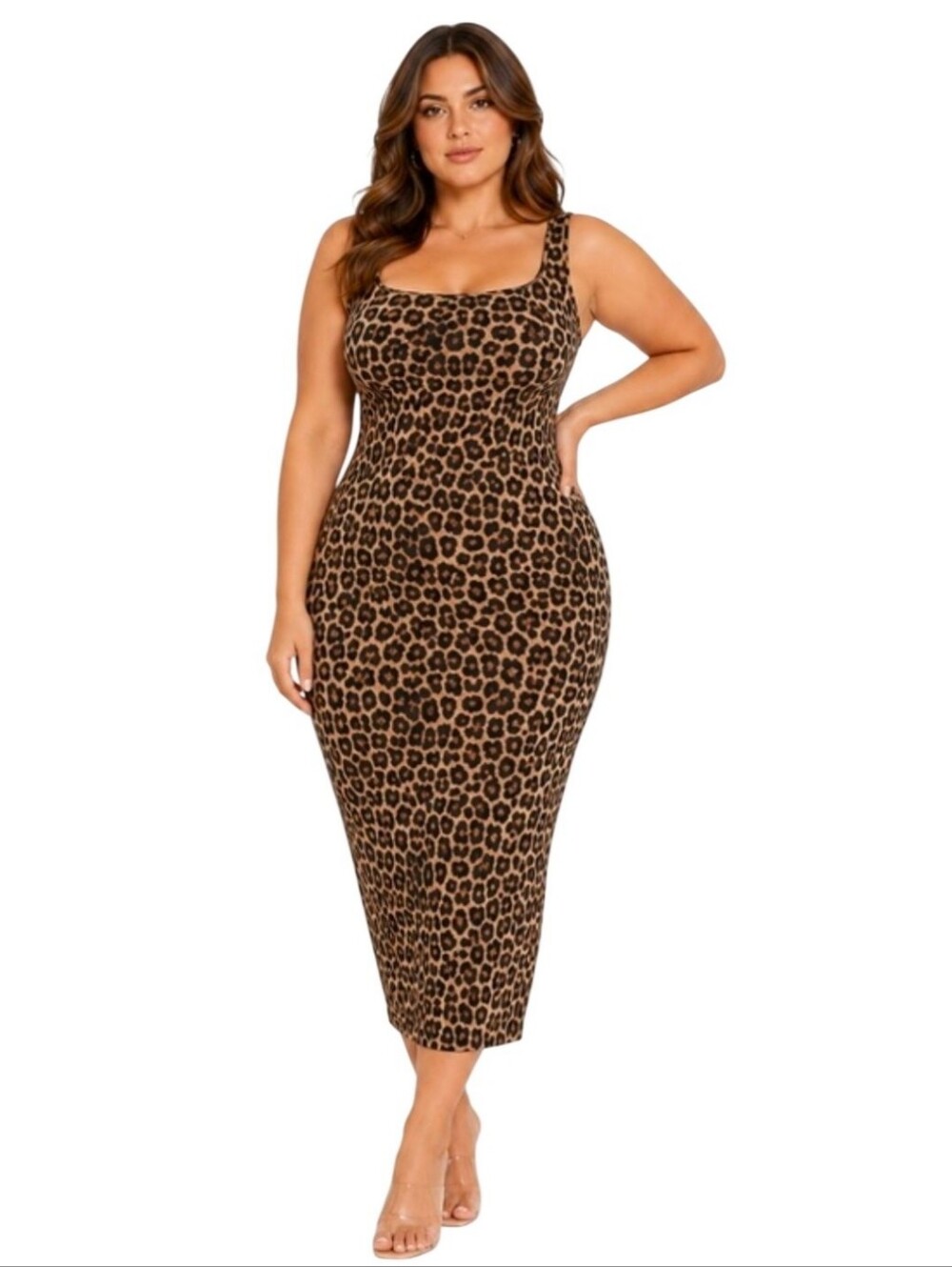 Naked Wardrobe Leopard Midi Sculpt Dress Shapewear Plus Size 1x Brown